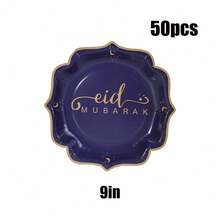 10/20/40/50个装，深蓝色和金色开斋节快乐纸盘，白色扇形开斋节甜点盘，开斋节快乐餐盘，2026年开斋节和斋月派对节日装饰餐具，扇形蛋糕盘，适合斋月、开斋节、派对装饰 - 藍色 - 查看 12