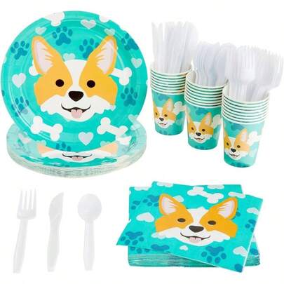 Dog Party Supplies u2013 Serves 24 u2013 Includes Plates, Knives, Spoons, Forks, Cups and Napkins. Birthday Party Pack Dog Lovers Themed Parties, Corgi Pattern