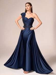 VIPGIRL Elegant Luxury Women's Long Formal Evening Dress, Featuring Pleated Bust Detail, Knit Fabric Accented With Contrasting Sequins. - Blue - View 8