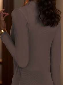 2025 Autumn/Winter Women Long Sleeve Stand Collar Casual Slim Fit T-Shirt, Layered Mesh Decor, Elegant And Versatile