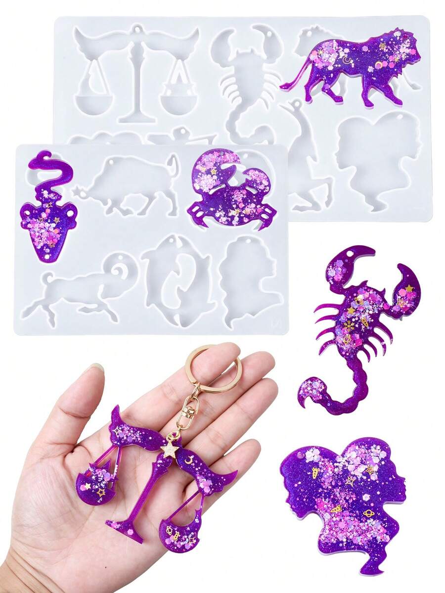12 Zodiac Constellations Keychain Silicone Mold, DIY Creative Animal Star Sign UV Epoxy Resin Casting Mold With Holes, Gift For Woman,Friend Gifts - Silicone Mold - View 1