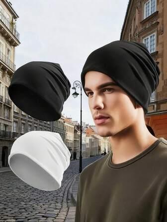 1 Pieza / 2 Piezas Gorros de punto de doble capa para hombres y mujeres para primavera, otoño e invierno - Protectores de oídos cálidos, adecuados tanto para hombres como para mujeres, (negro y blanco) 100% fibra de poliéster, lavable a máquina, accesorio de cabeza simple, sombrero, adecuado para equipo de clima frío al aire libre, sombreros de primavera, otoño e invierno, sombreros para ciclismo, pasos de montaña, senderismo