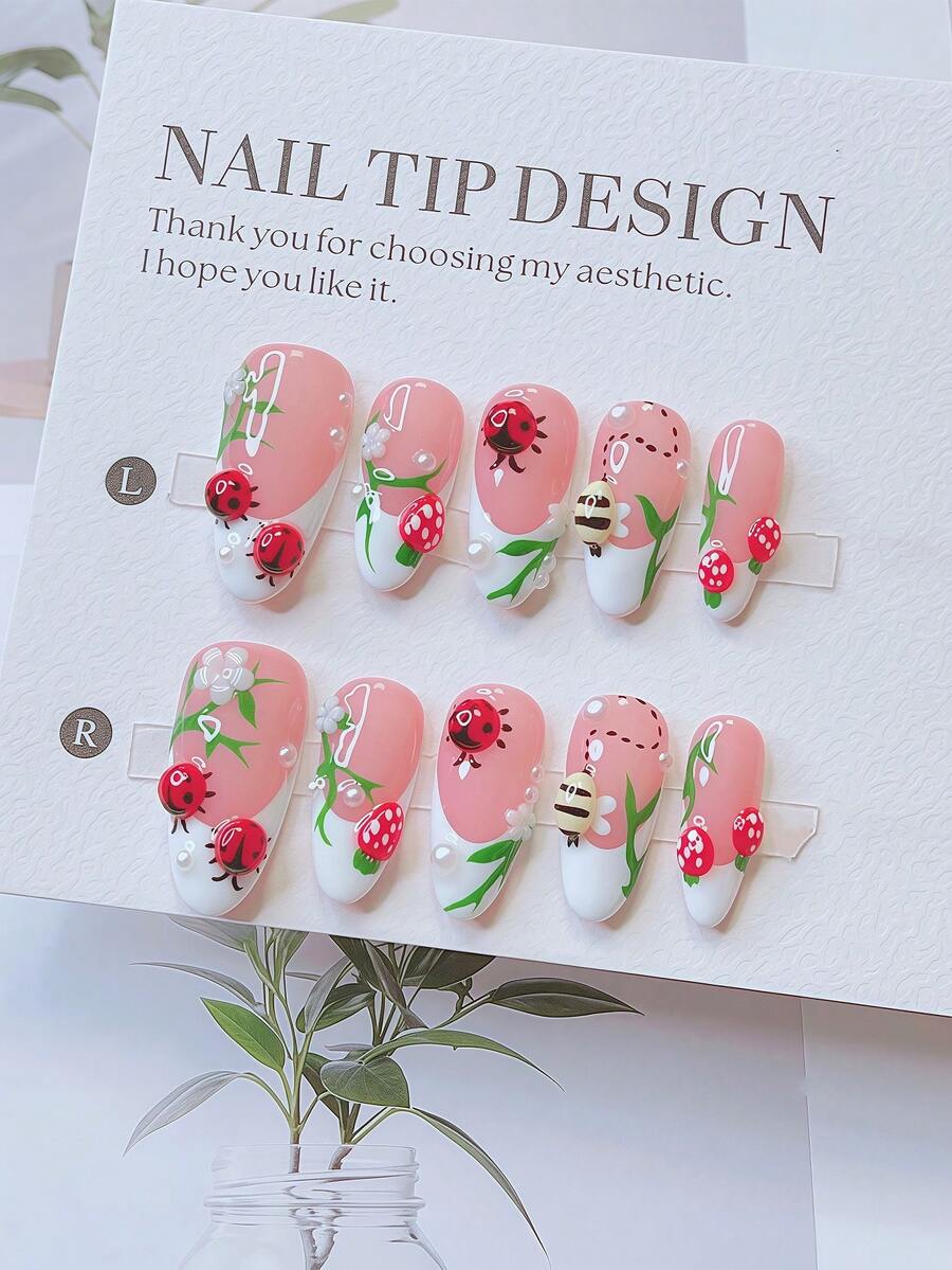 10pcs Y2K Nails Almond-Shaped Press On Nails Set - Handcrafted, Pink Nails, White Nails, White French Tip Nails, Handmade 3D Ladybug & 3D Bee And 3D Strawberry, Hand Drawn Green Flower Branch Design, White Little Flowers Element Decoration , Delicate Cute Nails - Perfect For Parties & Casual Attire,Perfect Holiday Gift For Women And Girls - 彩色 - 查看 1