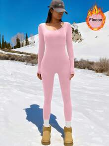 1 bộ áo liền quần dài tay bằng vải nỉ dành cho nữ, thích hợp cho thể thao, yoga và tập thể dục. - Hồng - Xem 6