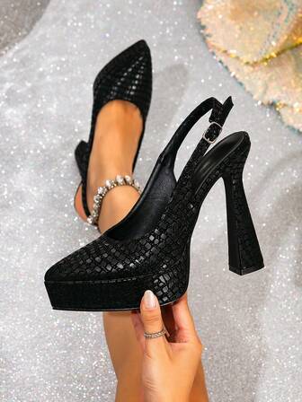 2.6" Platform Open Toe Chunky Heel Sandals, Pointed Toe Black Shoes, Versatile Large Size Fashion Alligator Grain Increased Height Shoes, Spring/Summer 2026