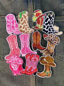 1 Set Of 3/6pcs Pink West Cowboy Shoes Embroidered Patches High Heels And Boots DIY Clothing Iron On Patches Sew Suitable For Backpacks, Jeans, Jackets, Hats, Decorative Accessory Cloth Stickers - Multicolor - View 4