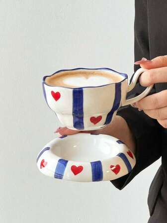 1 Set Striped Heart Ceramic Coffee Cup & Saucer, Elegant Minimalist Ceramic Cup & Saucer, Suitable For Gathering, Afternoon Tea, Office, Ceramic Cup, Gift