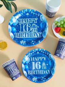 16th Birthday Blue Background Disposable Plates And Cups, Party Supplies Suitable For 25 Guests, Disposable Paper Plates And Cups For Birthday, Wedding, Party, Family Picnic - Multicolor - View 5