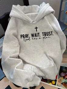 HoodiesLetter Retro Retro English Back To School Season PRAY WAIT TRUST GOD HAS A PLAN Back To School Women Fits Women's Casual Hoodies-Autumn/Winter New Arrival: Long-Sleeve Hooded Sweatshirt For Men And Women-F91Loose And Comfortablewinter Clothes For Womenchristmas Outfit Women;Winter Clothes For Women; Holiday Shopping Daily Wear Pullover Hoodie - Màu Xám nhạt - Xem 2