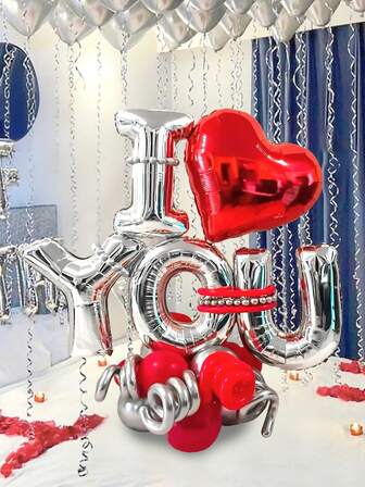 20pcs Silver "I Love You" Balloon Wreath Stand Set, Includes "I Love You" Banner Balloon, Red & Silver Latex Balloons, Magic Balloons, And Heart Shaped Balloons, Suitable For Valentine's Day, Birthday, Wedding, Anniversary, Singles Spa Party, Confession, Scene Atmosphere Decoration, Photo Booth Props, Party Decor