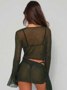 1pc Set Women's Fashion Sexy Bell Sleeve Front Knot Crop Top & Matching Half Slip Skirt Summer - Dark Green - View 3