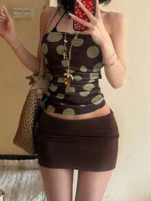 European Style Summer And Spring Best-Selling New Women's Plunging Clothing - Dark Brown Dress With Polka Dot Pattern That Fits And Cinches The Body, Sexy Casual Resort Net Fabric Plunging Top, Sexy Strapless Basic Top, Fashionable Polka Dot Stretch-Fit Plunging Top, Suitable For Women To Wear All Year Round - Chocolate Brown - View 5