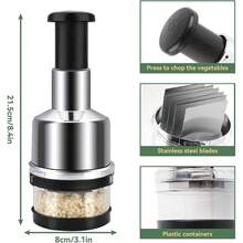 Garlic Press Onion Chopper Hand Chopper For Vegetables - Stainless Steel Nut Chopper Manual Hand Food Chopper - Silver - View 8
