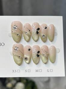 10pcs Handmade Nails Oval Nails Acrylic Press On Nails Medium, Gentle Pink Nails Green Gardient, Flashy Cateye, Butterfly Nail Stickers Nail Gems Diamond Small Stone Chain Inlaid, Edgy Elegant Simple Autumn Nails, Fall Press On Nails, Party Daily & Dating Use Beach Tropical Getaway Suitable,DIY False Nail Art Suitable For Women & Girls As Gift Nail Supplies - Pink - View 8