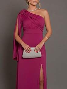 Bridesmaid Dress For Party Guests Reception Graduation Without Shine Cape Sleeve In Fluity Cpom Flower Brooch - Rose Red - View 3