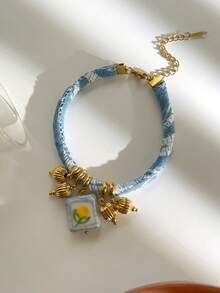 1pc Fashionable Stainless Steel Heart & Strawberry Flower Ceramic Striped Beaded 18K Gold Waterproof Layerable Bracelet For Women - Bracelet - View 11