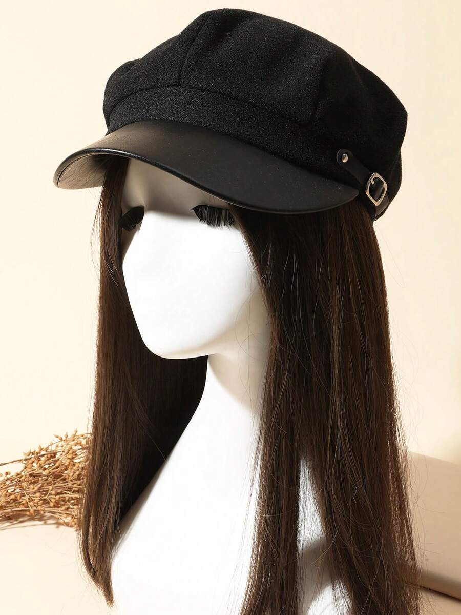 1pc Women Buckle Decor Baker Boy Cap - màu đen - Xem 1