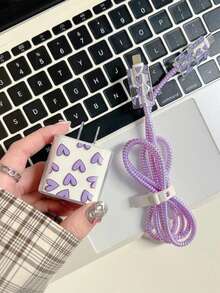 Pink TPU Small Heart/Bow Tie/Flower/Purple Heart Cat Charging Cable Protector, Compatible With Apple 18/20W Charger, Great Gift For Friends - Purple - View 3