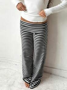 Y2k Fold Over Yoga Pants For Women Low Rise Straight Leg Sweatpants Striped Stretchy Loose Gym Lounge Leggings Flared Pants Streetwear - 黑與白 - 查看 3