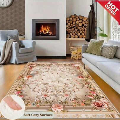 1PC Luxury Velvet Area Rug - Vintage Floral Rose Pattern, Soft Cozy Surface, Non-Slip & Machine Washable Floor Carpet, Perfect For Living Room, Bedroom, Dining Room | Home Decor, Vintage Home Style, Rugs Living Room, Room Decor, Wedding Gift Idea, Kitchen Decor, Bathroom Mats, Door Mat, Garden Rug, Decorative Rugs