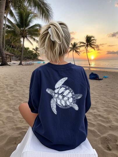 Women's Summer New Simple Cute Sea Turtle Print Casual Vacation Style Loose Fit Round Neck Apricot Short Sleeve T-Shirt, Fashionable Everyday Top, Suitable For Daily Vacation Wear, White Top