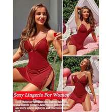 - Lencería para mujer, con tirantes delgados, camisón de babydoll(CH 1 Rojo Vino) - Multicolor - Ver 2