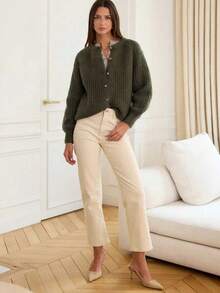 Women's Solid Color Round Neck Raglan Sleeve Long Sleeve Loose Front Button Casual Knit Cardigan - Dark Green - View 5