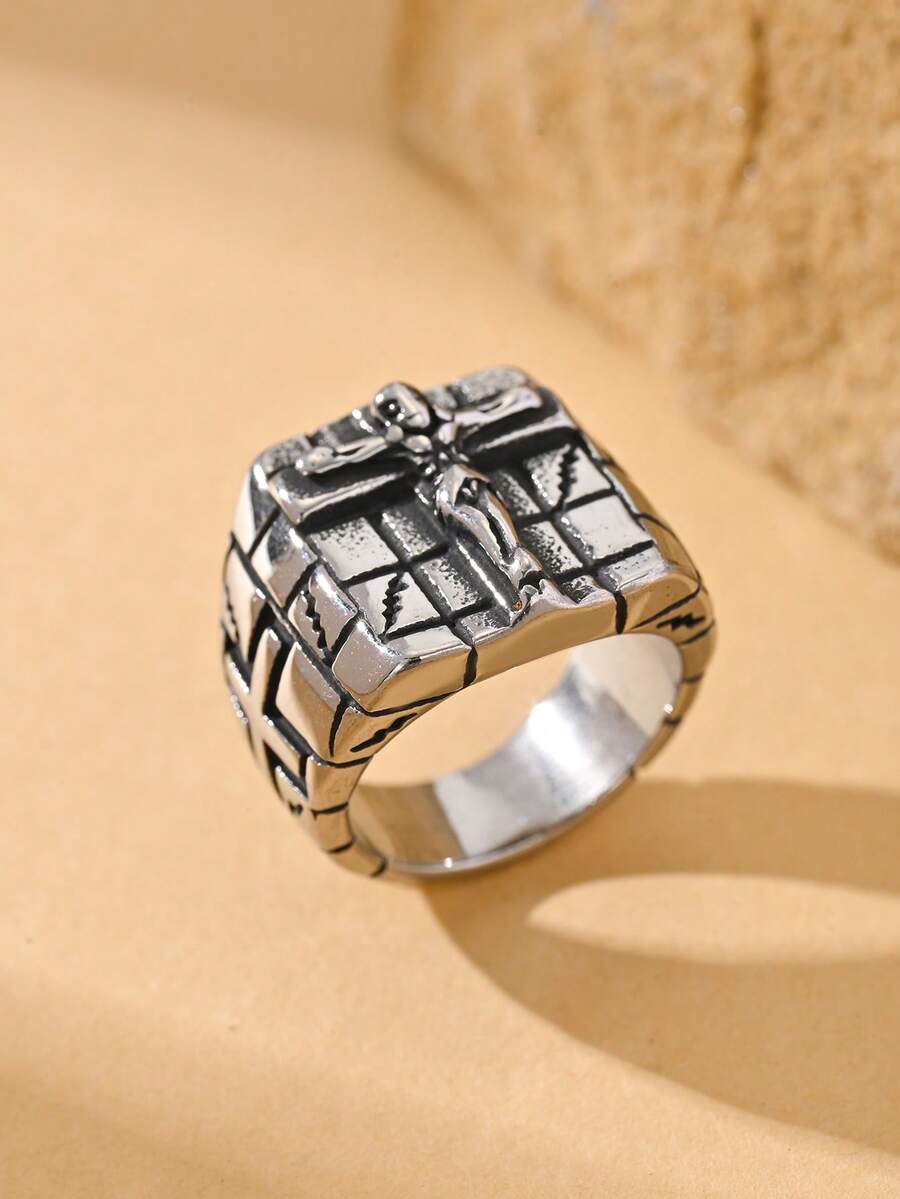 1pc Retro Gothic Style Stainless Steel Cross & Distressed Grid Texture Square Ring For Men Streetwear Gift - Silver - View 1