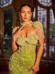 Vestido de noche de lentejuelas de lujo para mujer, vestido largo de sirena con cola - Vestido de fiesta formal de alta gama, vestido de invitada de boda, vestido de graduación con cristales bordados a mano, vestido de cóctel, vestido largo brillante para celebración de Eid en Oriente Medio/Árabe, elegante vestido de noche con brillo para mujer primaveral - Verde - Ver 2