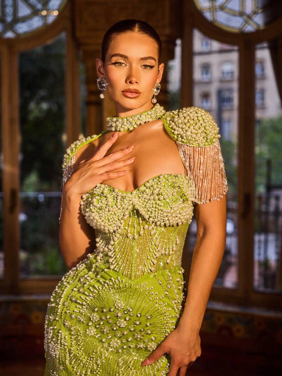 Vestido de noche de lentejuelas de lujo para mujer, vestido largo de sirena con cola - Vestido de fiesta formal de alta gama, vestido de invitada de boda, vestido de graduación con cristales bordados a mano, vestido de cóctel, vestido largo brillante para celebración de Eid en Oriente Medio/Árabe, elegante vestido de noche con brillo para mujer primaveral