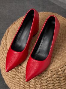 MonaNise Women's Pointed Toe 7cm Chunky High Heel Casual Party Dress Pumps, Versatile For All Seasons - Red - View 4