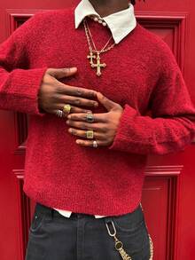 Áo len nam Manchic kiểu dáng retro, màu trơn, tối giản, chất liệu dệt kim, phong cách thường ngày, đa năng, phù hợp mặc trong dịp Giáng sinh và Năm mới, tay dài. - Đỏ - Xem 1