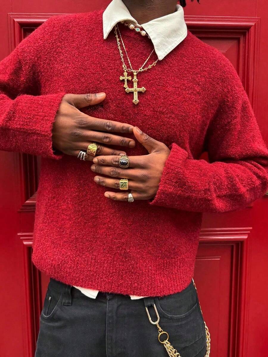 Áo len nam Manchic kiểu dáng retro, màu trơn, tối giản, chất liệu dệt kim, phong cách thường ngày, đa năng, phù hợp mặc trong dịp Giáng sinh và Năm mới, tay dài. - Đỏ - Xem 1