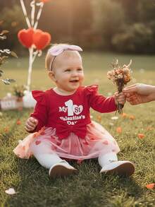 Vestido de San Valentín para niña, mono de tul con estampado de letras y corazones de manga larga y retazos con diadema - Rojo - Ver 2