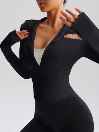 Chaqueta deportiva con capucha ajustada y casual para mujer, top de ropa deportiva para entrenamiento y correr con ojales para el pulgar, ropa deportiva para senderismo y fitness al aire libre