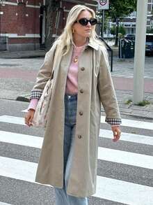 1 Stück einfarbiger karierter Gewebe-Trenchcoat für Frauen mit Knopfverschluss an der Taille, geeignet für Frühling, Herbst und Winter