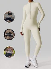 MFVIM Women's Cream White Thermal Ski Jumpsuit, Half-Zip Stand Collar Design, Slim Fit, Abdominal Control, Breathable Soft Fabric, Casual Sports, Running, Fitness, Suitable For Skiing, Commuting, Outdoor, Running, Cycling, Yoga, Pilates, Gym Workout
