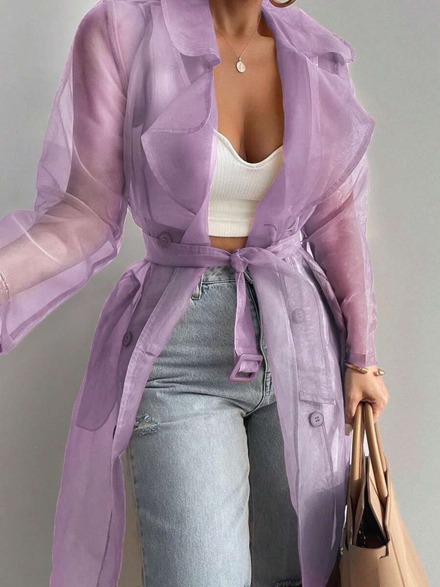ChicMe 女士透视网纱长袖外套，系带纽扣长款防风夹克，户外服装 - 紫丁香色 - 查看 1