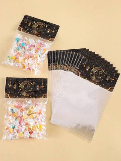 30/50pcs Eid Mubarak Self-Adhesive Gift Bags, Black Golden Star Moon & Eid Lantern Pattern Plastic Clear Cellophane Party Favor Bags, Ramadan Decorations For Home, Multi-Functional Eid Al-Fitr Gifts Packaging Supplies, Arab Festivals, Islamic Festivals