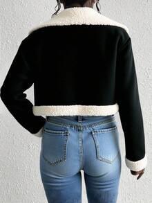Chamarra forrada cuello camisero manga larga forrada gamuza abrigo tipo crop top - Negro - Ver 2