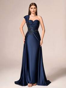 VIPGIRL Elegant Luxury Women's Long Formal Evening Dress, Featuring Pleated Bust Detail, Knit Fabric Accented With Contrasting Sequins. - Blue - View 5