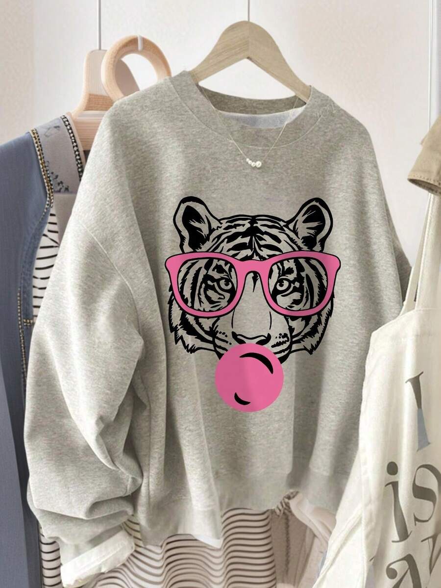 Áo sweatshirt cổ tròn in hình hổ dành cho nữ, kiểu dáng rộng rãi, thoải mái, phù hợp cho kỳ nghỉ, mặc hàng ngày, thời trang thu đông xuân.