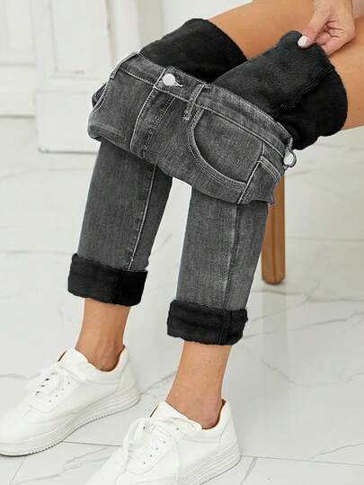 冬季保暖内衬洗水牛仔紧身裤