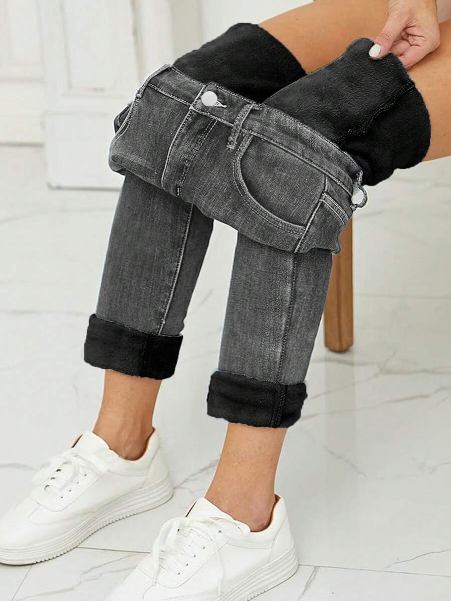 冬季保暖内衬洗水牛仔紧身裤 - 灰色 - 查看 1