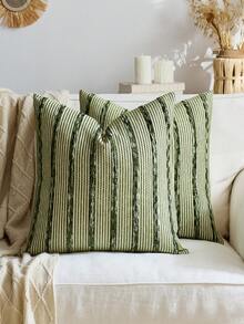 1/2 Vỏ gối kẻ sọc xanh ô liu và xanh cỏ, Vỏ gối nhung họa tiết trang trại Bohemian, Vỏ gối màu trung tính dùng cho ghế sofa, giường, phòng ngủ, phòng ăn, tiệc tùng, trang trí, thích hợp cho mùa xuân, mùa thu và mùa đông - Nền xanh cỏ + xanh ô liu - Xem 10