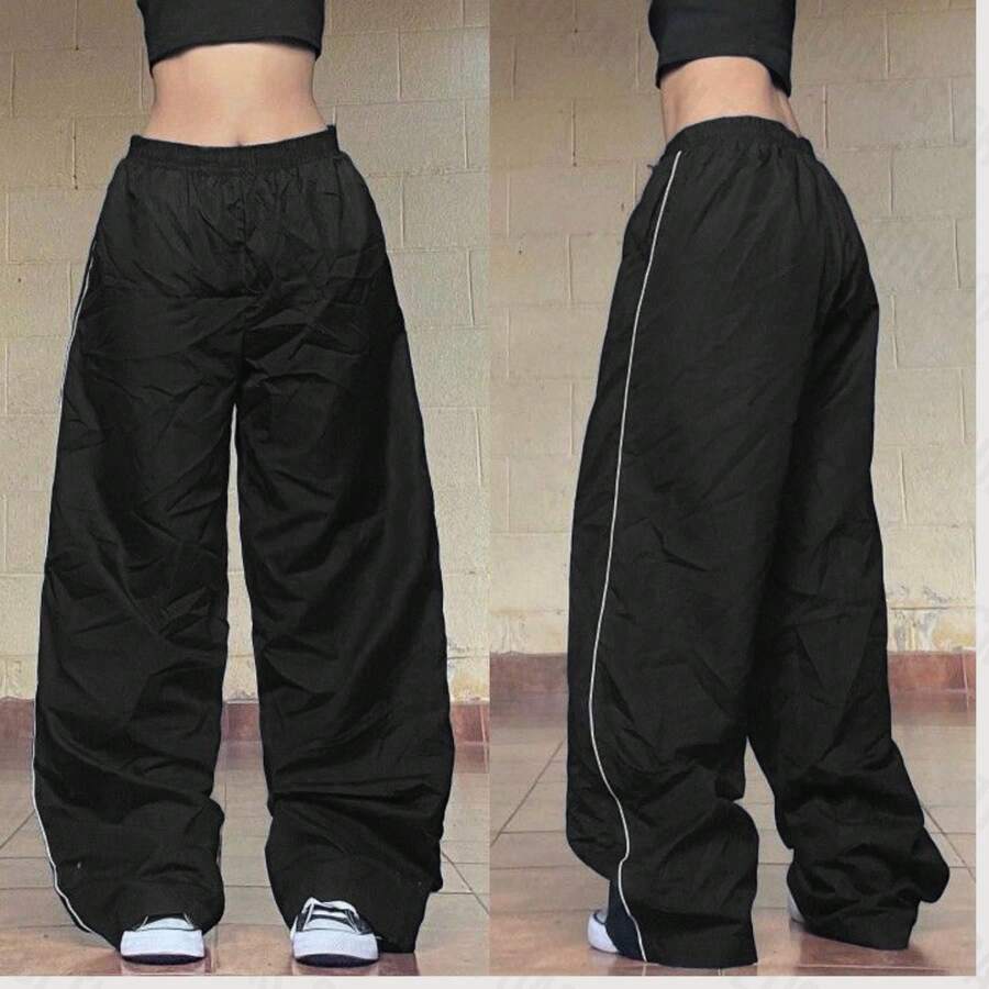 Women's Simple Casual Streetwear Pants, Polyester, Drawstring, Pocket - 黑與白 - 查看 1