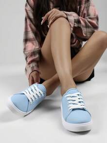 Women's Solid Canvas Slippers, Platform Round Toe All-Match Lace Up Breathable Slip On Shoes, Women's Footwear - Blue - View 4