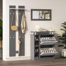 Wall-Mounted Coat Rack Set 80 X 25 X 96.5 Cm, Including Mirror, 2 Wall Panels, A Shelf Unit And A Shoe Cabinet, Body In Matte Anthracite Grey, Hallway Furniture, Hallway Drying Rack, Hallway Coat Rack, Shoe Changing Set