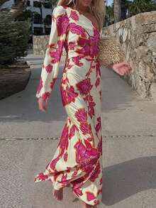 Printed One-Shoulder Dress, Fitted Waist Mermaid Hem, Vacation Style Elegant Slimming Dress Spring - Multicolor - View 3