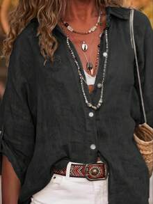 女士休闲亚麻纯色卷袖纽扣长袖衬衫